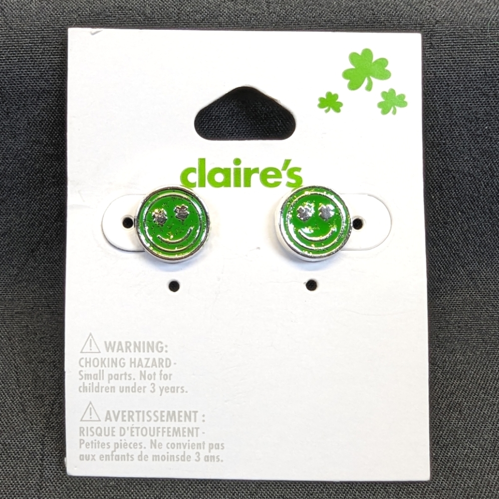 Claire's St. Patrick's Day Glittery Smiley Face Stud Earrings - Picture 1 of 5